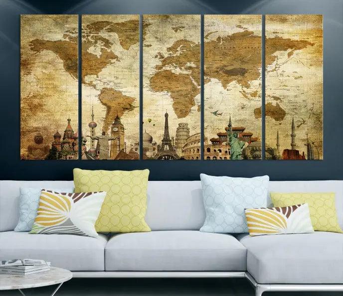 The Sepia World Map Wall Art Wonder of World Canvas Print, crafted with a museum-quality finish and UV-protective coating, is elegantly displayed.