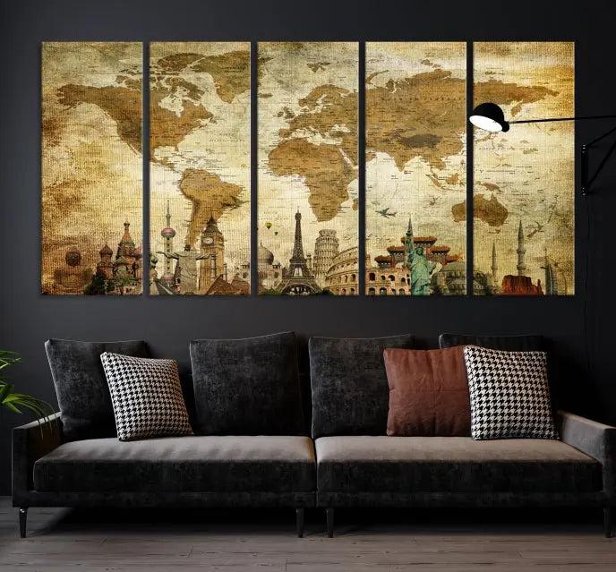 The Sepia World Map Wall Art Wonder of World Canvas Print, crafted with a museum-quality finish and UV-protective coating, is elegantly displayed.