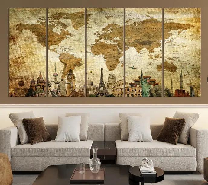 The Sepia World Map Wall Art Wonder of World Canvas Print, crafted with a museum-quality finish and UV-protective coating, is elegantly displayed.