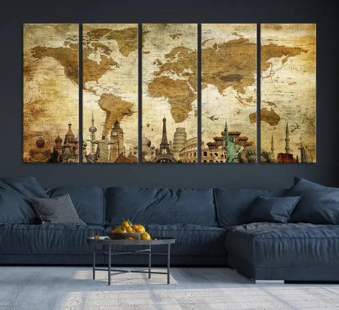 The Sepia World Map Wall Art Wonder of World Canvas Print, crafted with a museum-quality finish and UV-protective coating, is elegantly displayed.