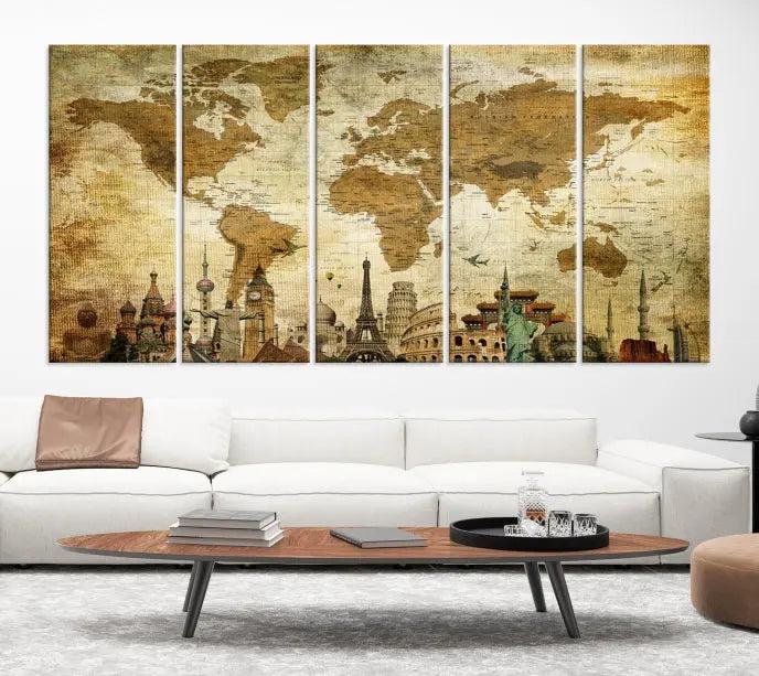 The Sepia World Map Wall Art Wonder of World Canvas Print, crafted with a museum-quality finish and UV-protective coating, is elegantly displayed.