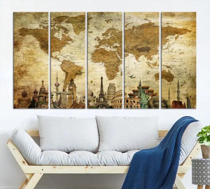 The Sepia World Map Wall Art Wonder of World Canvas Print, crafted with a museum-quality finish and UV-protective coating, is elegantly displayed.