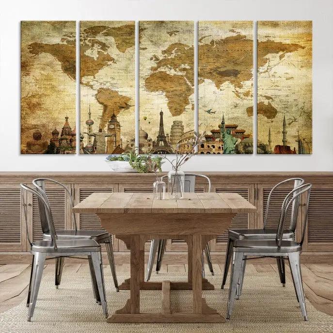 The Sepia World Map Wall Art Wonder of World Canvas Print, crafted with a museum-quality finish and UV-protective coating, is elegantly displayed.