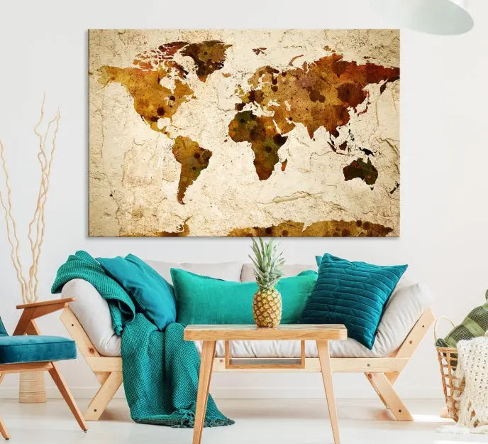 The Sepia World Map Wall Art Canvas Print showcases a vintage world map on a textured background, expertly mounted on museum-quality canvas with a UV-protective coating.