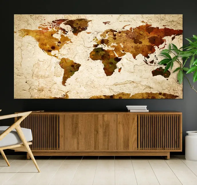 The Sepia World Map Wall Art Canvas Print showcases a vintage world map on a textured background, expertly mounted on museum-quality canvas with a UV-protective coating.