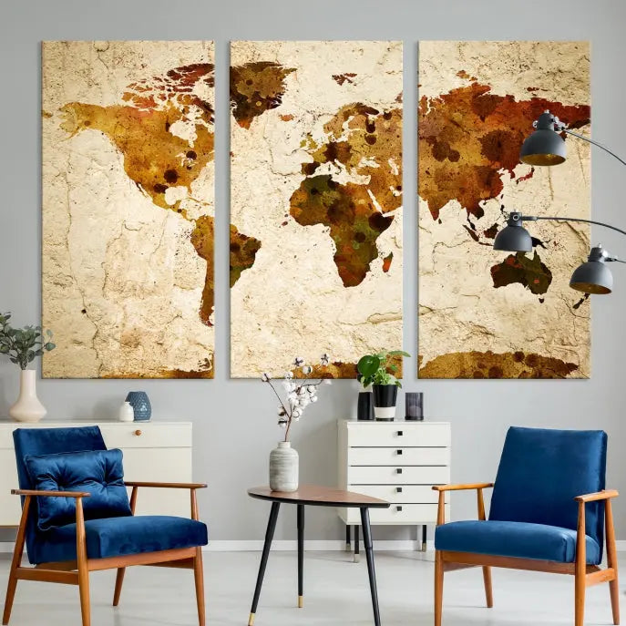 The Sepia World Map Wall Art Canvas Print showcases a vintage world map on a textured background, expertly mounted on museum-quality canvas with a UV-protective coating.