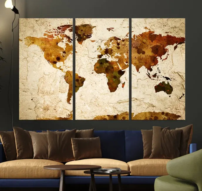 The Sepia World Map Wall Art Canvas Print showcases a vintage world map on a textured background, expertly mounted on museum-quality canvas with a UV-protective coating.