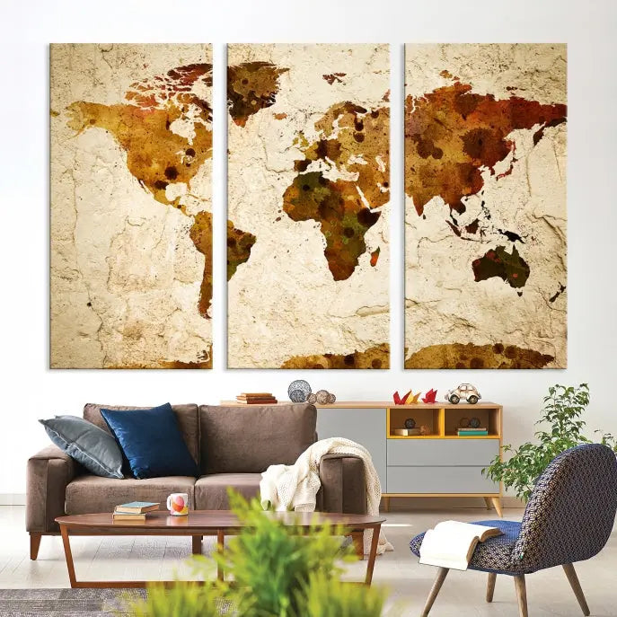 The Sepia World Map Wall Art Canvas Print showcases a vintage world map on a textured background, expertly mounted on museum-quality canvas with a UV-protective coating.