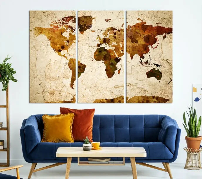 The Sepia World Map Wall Art Canvas Print showcases a vintage world map on a textured background, expertly mounted on museum-quality canvas with a UV-protective coating.