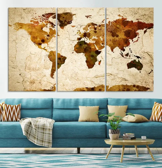 The Sepia World Map Wall Art Canvas Print showcases a vintage world map on a textured background, expertly mounted on museum-quality canvas with a UV-protective coating.