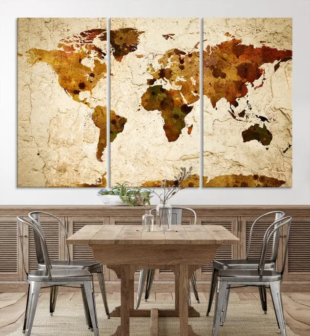 The Sepia World Map Wall Art Canvas Print showcases a vintage world map on a textured background, expertly mounted on museum-quality canvas with a UV-protective coating.