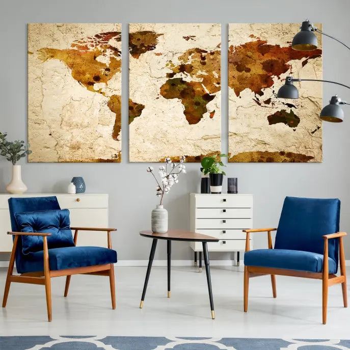 The Sepia World Map Wall Art Canvas Print showcases a vintage world map on a textured background, expertly mounted on museum-quality canvas with a UV-protective coating.