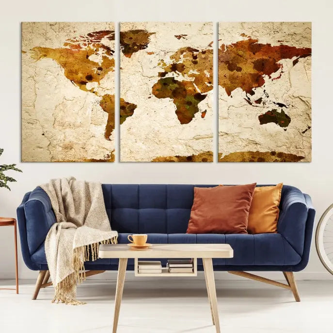 The Sepia World Map Wall Art Canvas Print showcases a vintage world map on a textured background, expertly mounted on museum-quality canvas with a UV-protective coating.