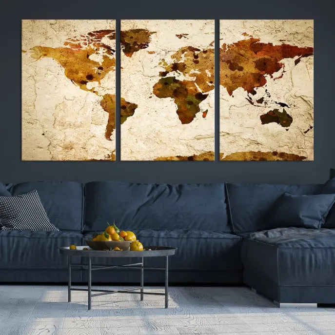 The Sepia World Map Wall Art Canvas Print showcases a vintage world map on a textured background, expertly mounted on museum-quality canvas with a UV-protective coating.