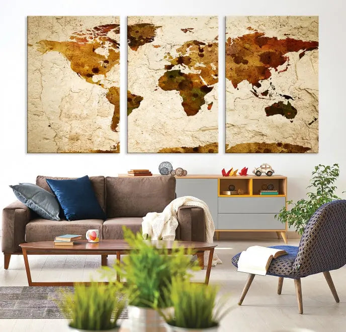 The Sepia World Map Wall Art Canvas Print showcases a vintage world map on a textured background, expertly mounted on museum-quality canvas with a UV-protective coating.