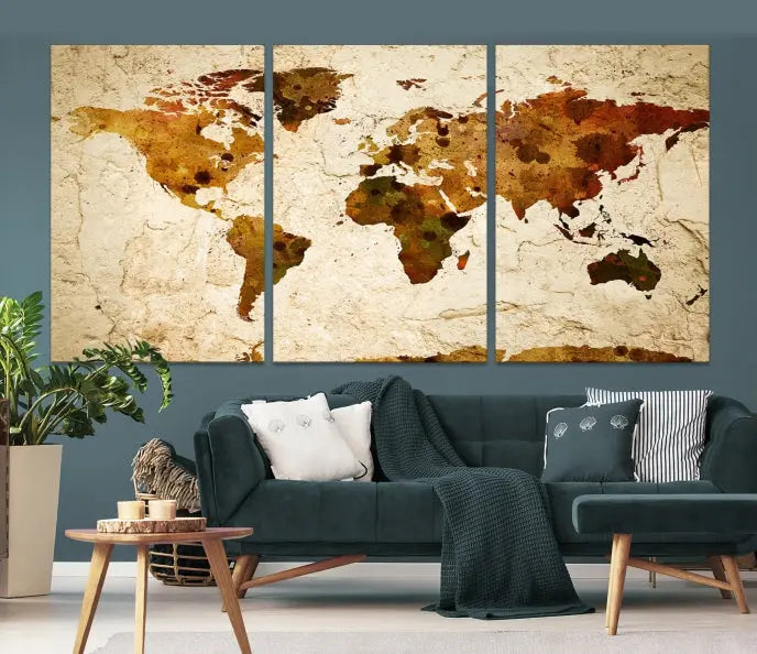 The Sepia World Map Wall Art Canvas Print showcases a vintage world map on a textured background, expertly mounted on museum-quality canvas with a UV-protective coating.