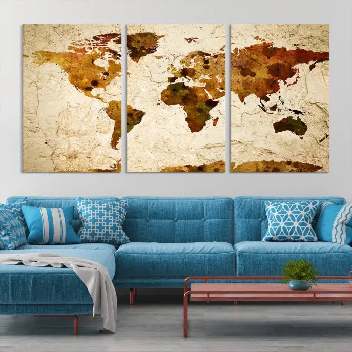 The Sepia World Map Wall Art Canvas Print showcases a vintage world map on a textured background, expertly mounted on museum-quality canvas with a UV-protective coating.