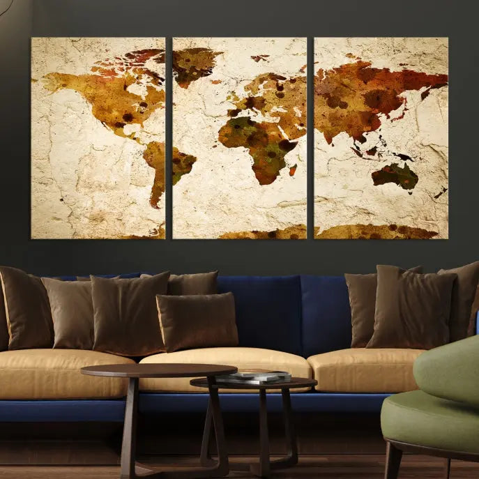 The Sepia World Map Wall Art Canvas Print showcases a vintage world map on a textured background, expertly mounted on museum-quality canvas with a UV-protective coating.