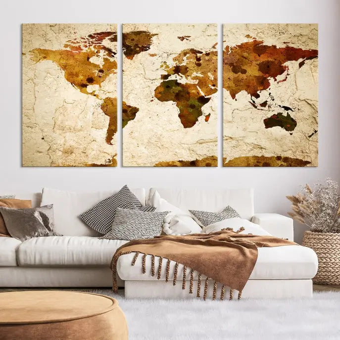 The Sepia World Map Wall Art Canvas Print showcases a vintage world map on a textured background, expertly mounted on museum-quality canvas with a UV-protective coating.