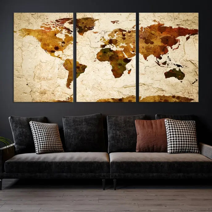 The Sepia World Map Wall Art Canvas Print showcases a vintage world map on a textured background, expertly mounted on museum-quality canvas with a UV-protective coating.