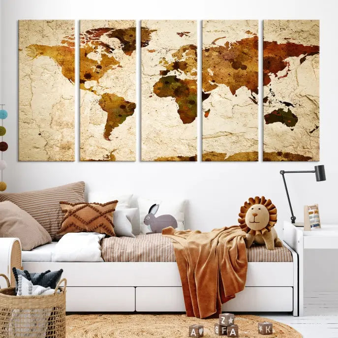 The Sepia World Map Wall Art Canvas Print showcases a vintage world map on a textured background, expertly mounted on museum-quality canvas with a UV-protective coating.