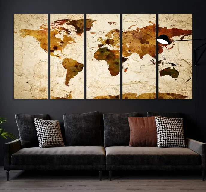 The Sepia World Map Wall Art Canvas Print showcases a vintage world map on a textured background, expertly mounted on museum-quality canvas with a UV-protective coating.