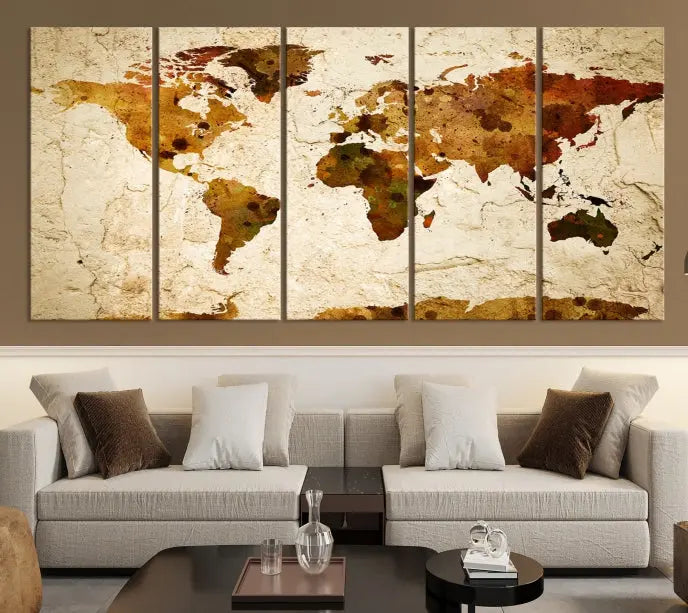 The Sepia World Map Wall Art Canvas Print showcases a vintage world map on a textured background, expertly mounted on museum-quality canvas with a UV-protective coating.