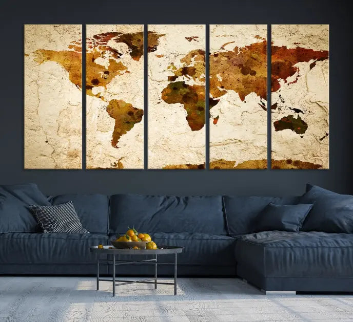 The Sepia World Map Wall Art Canvas Print showcases a vintage world map on a textured background, expertly mounted on museum-quality canvas with a UV-protective coating.