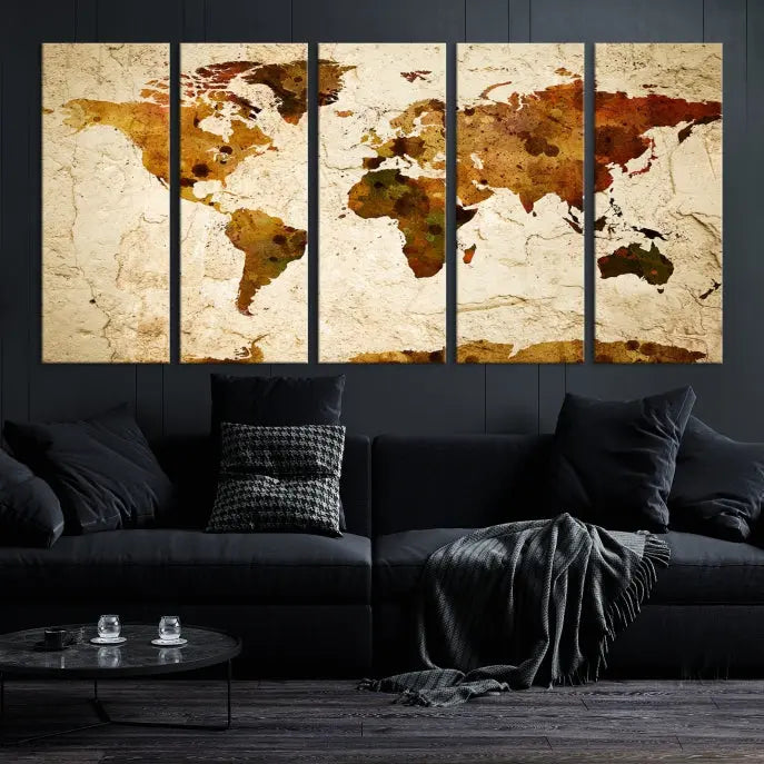 The Sepia World Map Wall Art Canvas Print showcases a vintage world map on a textured background, expertly mounted on museum-quality canvas with a UV-protective coating.