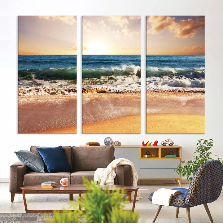 A serene beach path canvas print, created with giclee technology and gallery wrapped to showcase Canon print quality, captures the tranquil beauty of a sunset over the ocean with its depiction of coastal sand dunes.