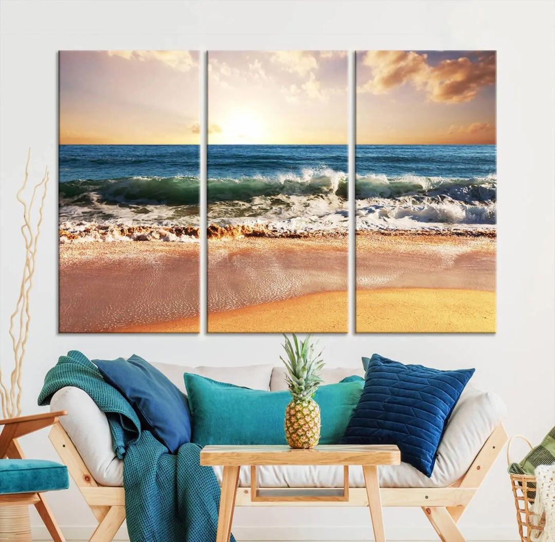 A serene beach path canvas print, created with giclee technology and gallery wrapped to showcase Canon print quality, captures the tranquil beauty of a sunset over the ocean with its depiction of coastal sand dunes.