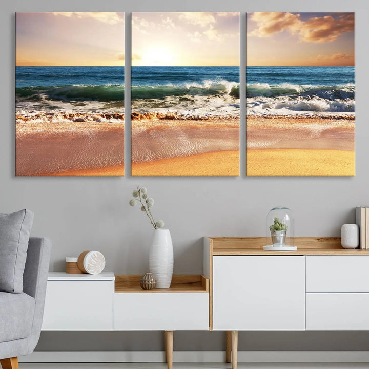 A serene beach path canvas print, created with giclee technology and gallery wrapped to showcase Canon print quality, captures the tranquil beauty of a sunset over the ocean with its depiction of coastal sand dunes.