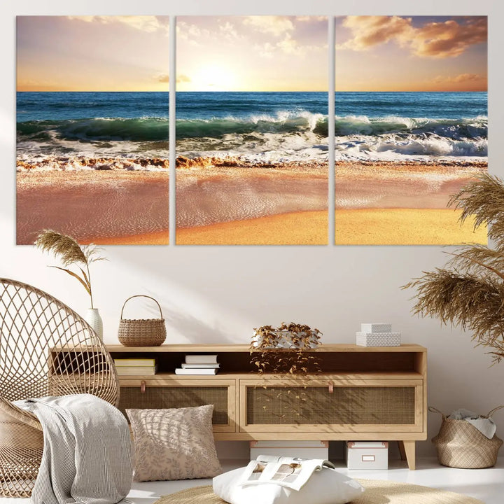 A serene beach path canvas print, created with giclee technology and gallery wrapped to showcase Canon print quality, captures the tranquil beauty of a sunset over the ocean with its depiction of coastal sand dunes.