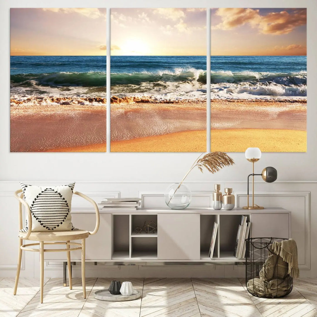 A serene beach path canvas print, created with giclee technology and gallery wrapped to showcase Canon print quality, captures the tranquil beauty of a sunset over the ocean with its depiction of coastal sand dunes.