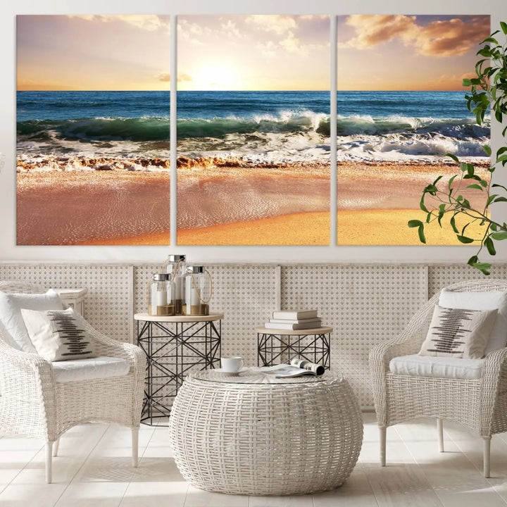 A serene beach path canvas print, created with giclee technology and gallery wrapped to showcase Canon print quality, captures the tranquil beauty of a sunset over the ocean with its depiction of coastal sand dunes.