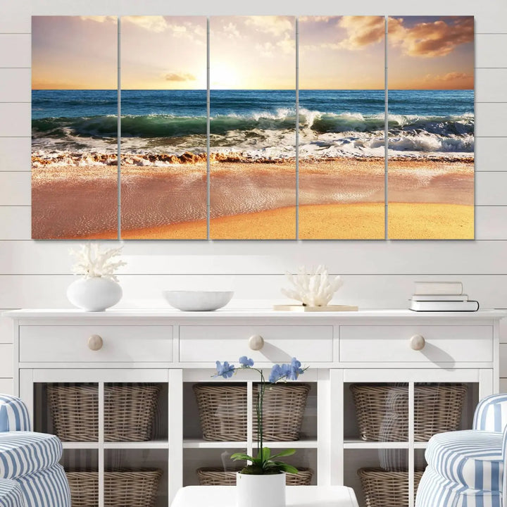 A serene beach path canvas print, created with giclee technology and gallery wrapped to showcase Canon print quality, captures the tranquil beauty of a sunset over the ocean with its depiction of coastal sand dunes.