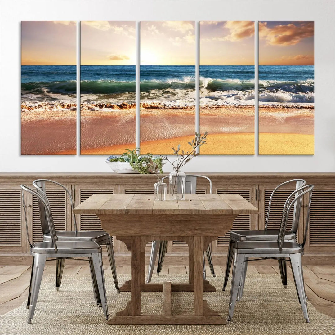 A serene beach path canvas print, created with giclee technology and gallery wrapped to showcase Canon print quality, captures the tranquil beauty of a sunset over the ocean with its depiction of coastal sand dunes.