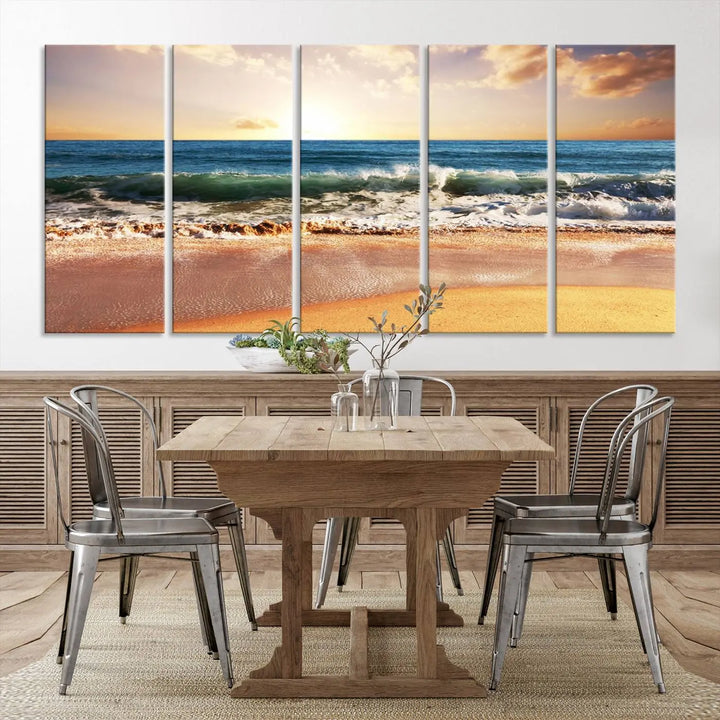 A serene beach path canvas print, created with giclee technology and gallery wrapped to showcase Canon print quality, captures the tranquil beauty of a sunset over the ocean with its depiction of coastal sand dunes.