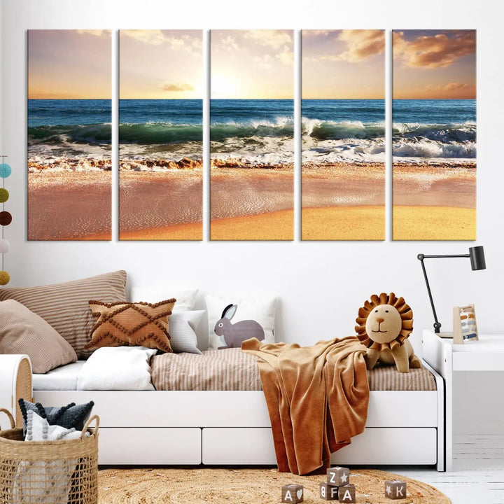 A serene beach path canvas print, created with giclee technology and gallery wrapped to showcase Canon print quality, captures the tranquil beauty of a sunset over the ocean with its depiction of coastal sand dunes.