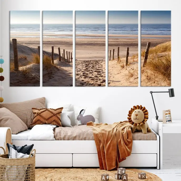 The "Serene Beach Path Canvas – Coastal Landscape Wall Art Triptych – Tranquil Ocean View for Living Room" is tastefully displayed, adding a beautiful coastal touch to the room's ambiance.