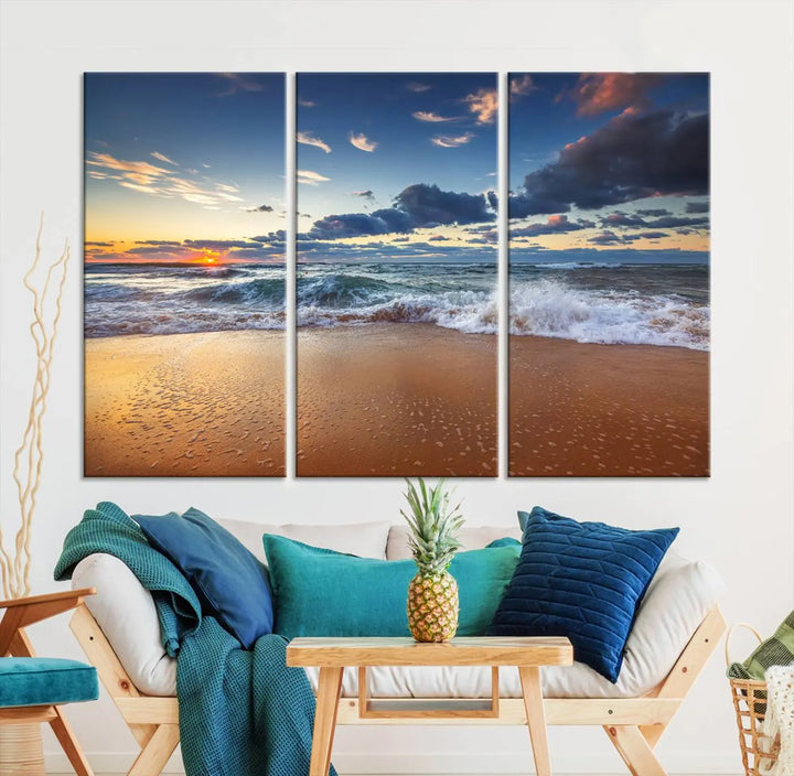 The Serene Beach Sunset Canvas Wall Art, featuring a tranquil sunset over ocean waves on sand, captures the essence of coastal home decor.