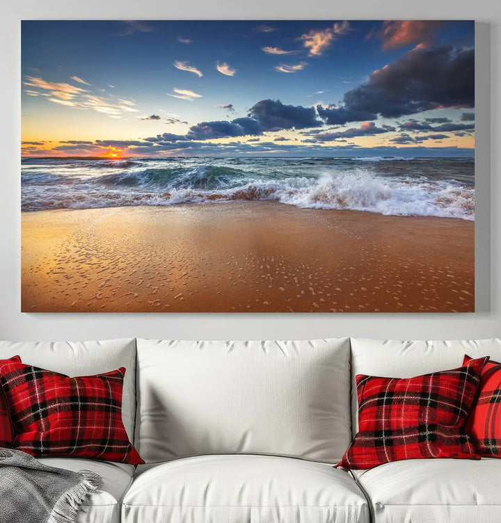 The Serene Beach Sunset Canvas Wall Art, featuring a tranquil sunset over ocean waves on sand, captures the essence of coastal home decor.