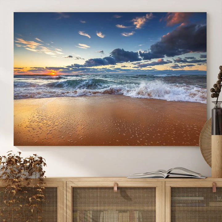 The Serene Beach Sunset Canvas Wall Art, featuring a tranquil sunset over ocean waves on sand, captures the essence of coastal home decor.