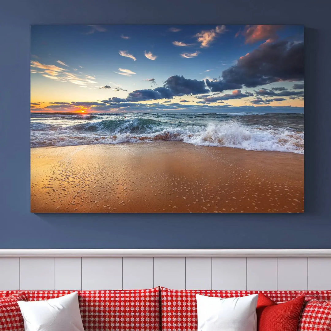 The Serene Beach Sunset Canvas Wall Art, featuring a tranquil sunset over ocean waves on sand, captures the essence of coastal home decor.