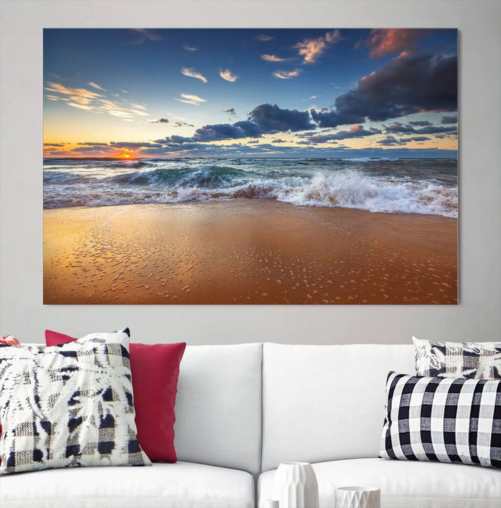 The Serene Beach Sunset Canvas Wall Art, featuring a tranquil sunset over ocean waves on sand, captures the essence of coastal home decor.