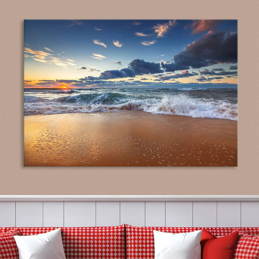 The Serene Beach Sunset Canvas Wall Art, featuring a tranquil sunset over ocean waves on sand, captures the essence of coastal home decor.