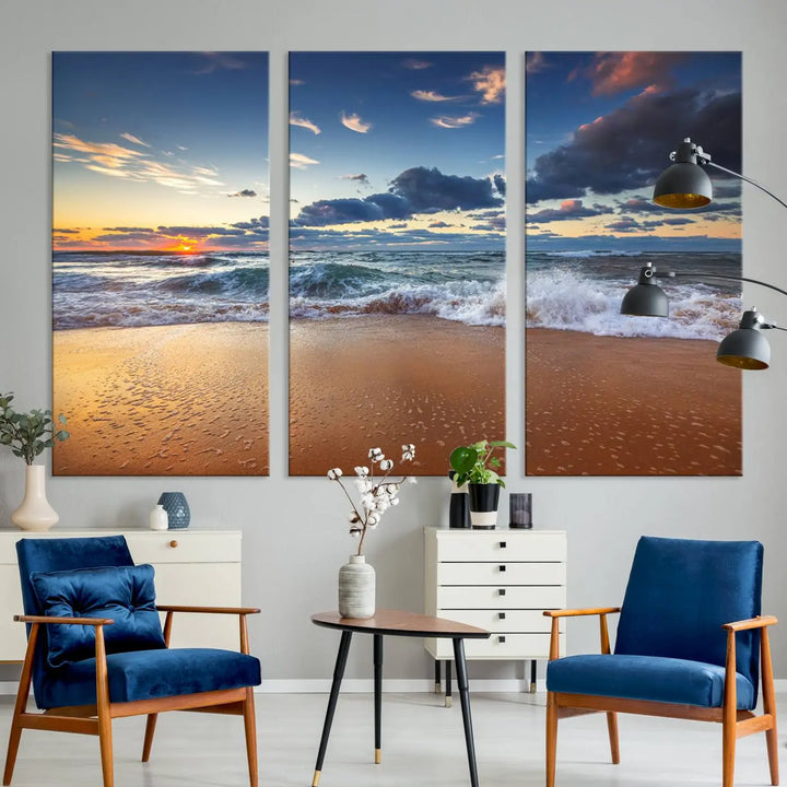 The Serene Beach Sunset Canvas Wall Art, featuring a tranquil sunset over ocean waves on sand, captures the essence of coastal home decor.