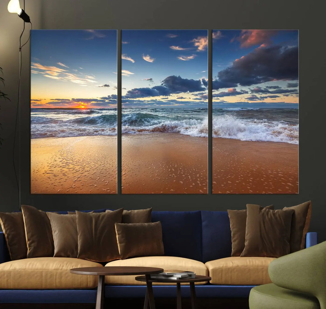 The Serene Beach Sunset Canvas Wall Art, featuring a tranquil sunset over ocean waves on sand, captures the essence of coastal home decor.