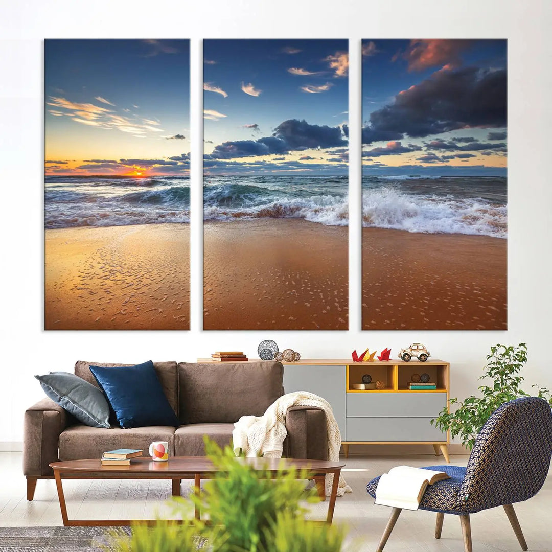 The Serene Beach Sunset Canvas Wall Art, featuring a tranquil sunset over ocean waves on sand, captures the essence of coastal home decor.