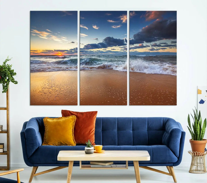 The Serene Beach Sunset Canvas Wall Art, featuring a tranquil sunset over ocean waves on sand, captures the essence of coastal home decor.